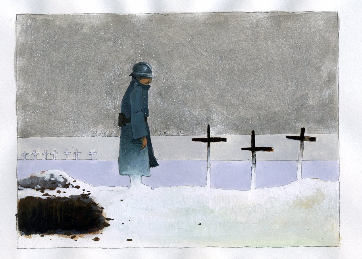 Ensimmäinen maailmansota: ranskalainen sotilas sotahaudassa katsomassa ristejä tekijältä Alessandro Lonati