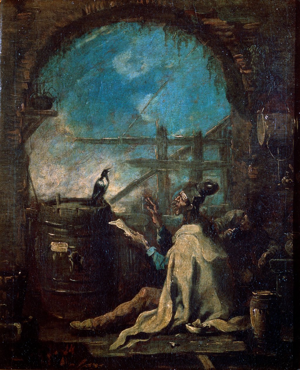 Klovni kouluttaa harakkaa, 1600-luvun lopulla tai 1700-luvulla tekijältä Alessandro Magnasco