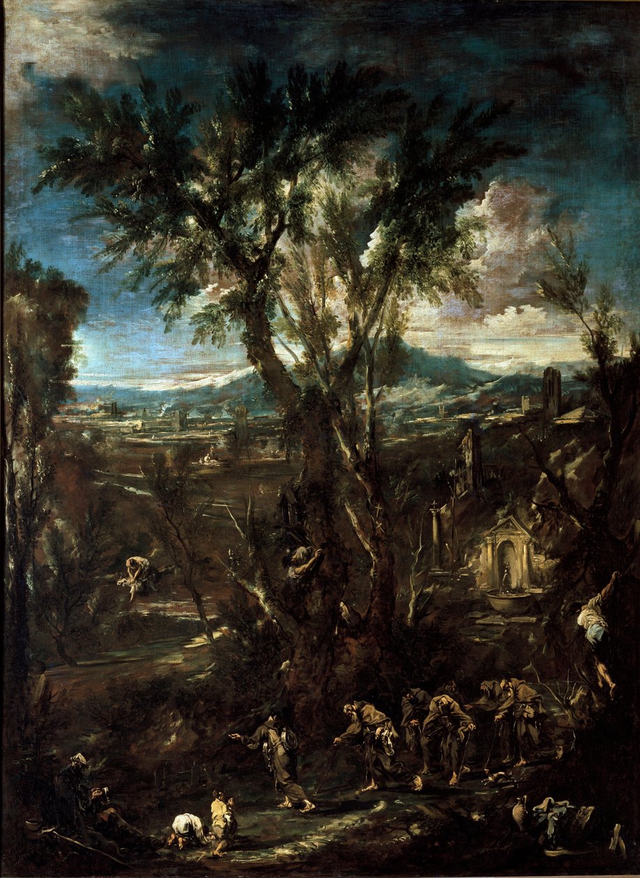 Fantastinen maisema munkkien kanssa Alessandro Magnascon maalaus dit il Lissandrino (1667-1749) 1720 Mitat 237x175 cm Pinacoteca di Brera Milano tekijältä Alessandro Magnasco