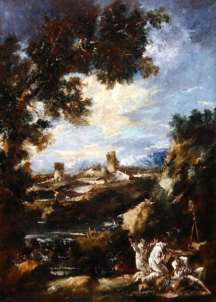 Maisema, jossa karmeliittamunkit rukoilevat tienvarren pyhäkössä, n.1720 (öljy kankaalle) tekijältä Alessandro Magnasco