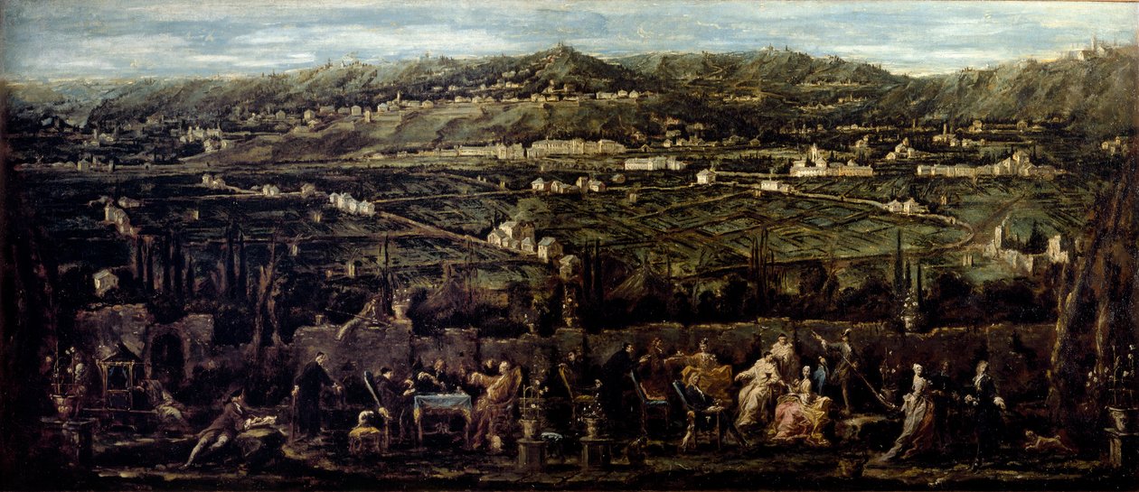Olohuone Albaro Mondanitesin ulkopuutarhassa. Alessandro Magnascon maalaus sanoo il Lissandrino (1667-1749) 1735 Galleria di Palazzo Biancon ympärillä, Genes tekijältä Alessandro Magnasco