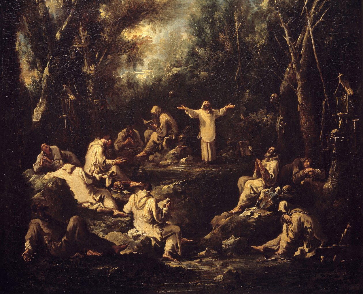 Kohtauksia luostarielämästä. Munkit erilaisissa rukousasemissa ja erilaisissa päivittäisissä ammateissa. Alessandro Magnascon (1667-1749) maalaus. Koristetaiteen museo. Pariisi. tekijältä Alessandro Magnasco