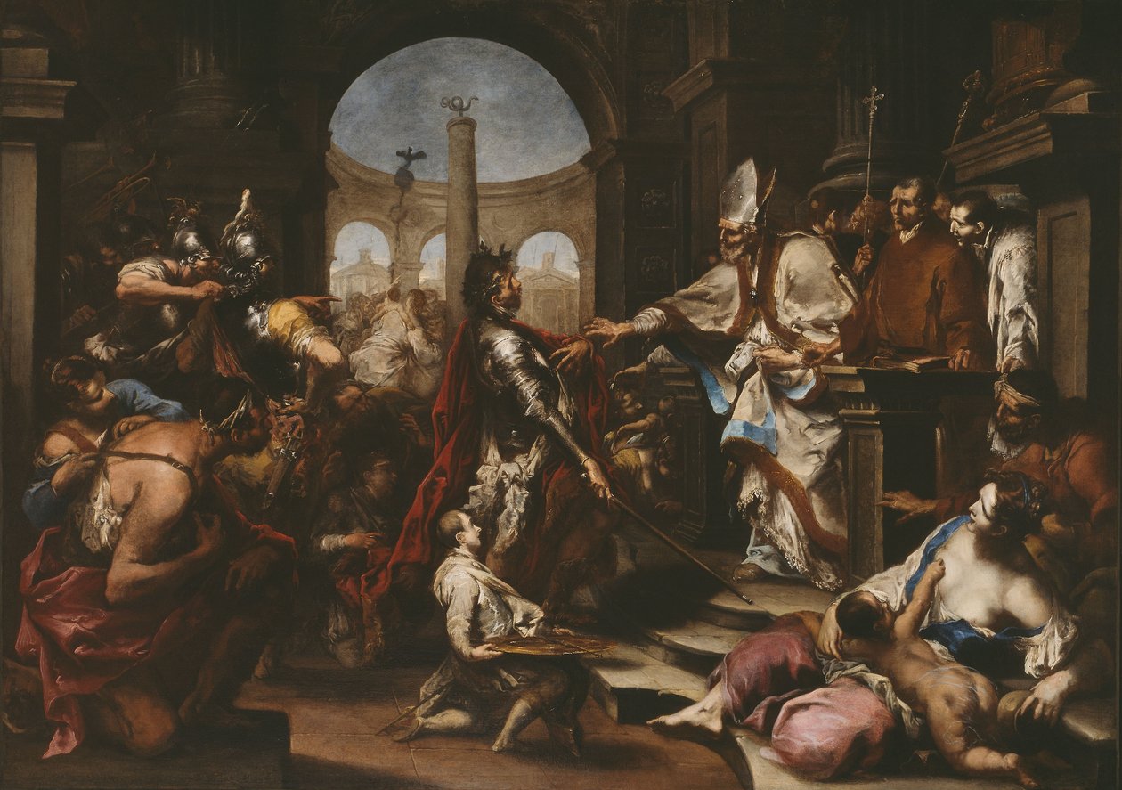Theodosius karkoitti kirkosta Pyhän Ambroseuksen toimesta tekijältä Alessandro Magnasco