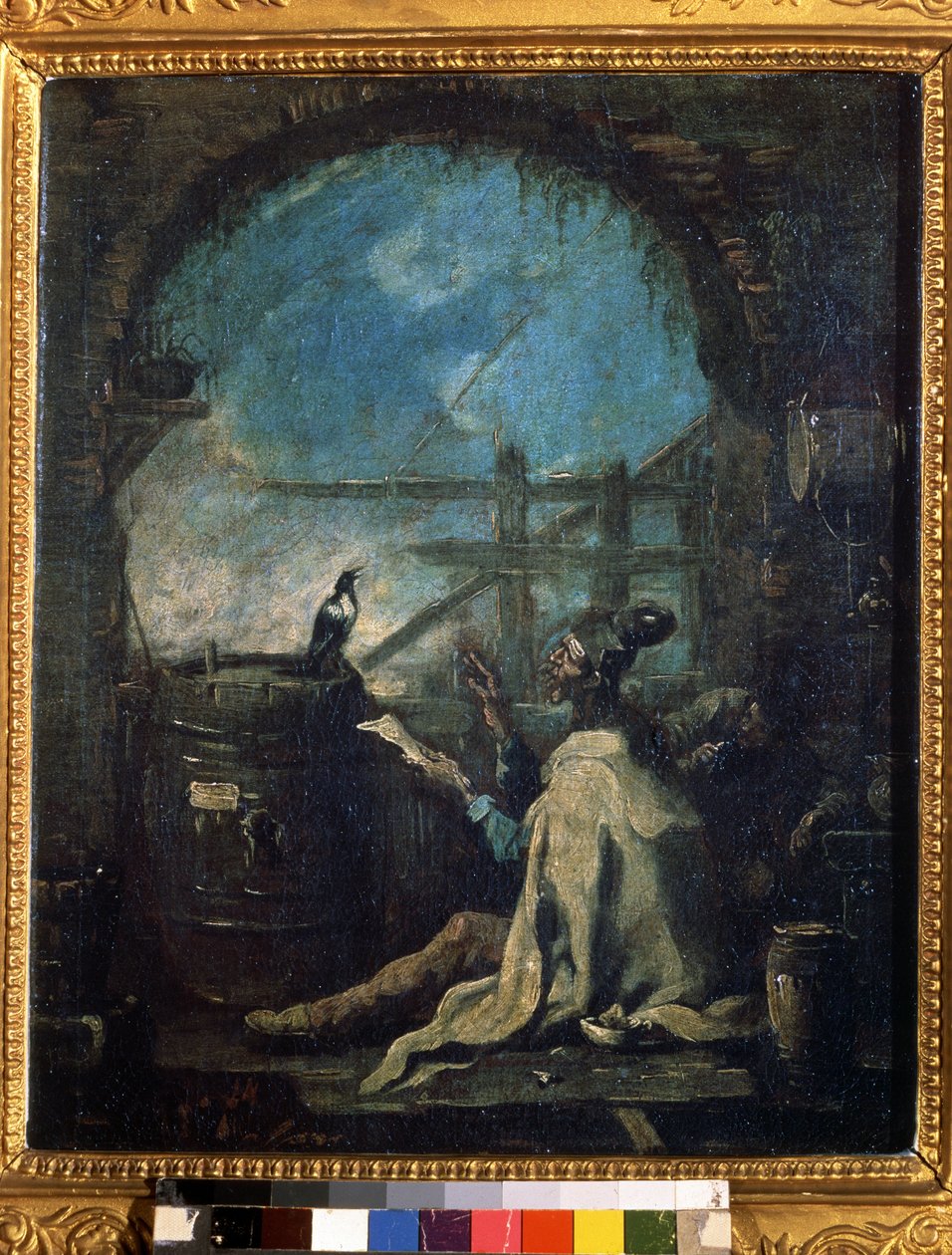 ""Klovni opettaa harakkaa"" (Klovni opettaa harakkaa) Sirkusmies opettaa numeroita haraalle. Alessandro Magnascon (1667-1749) maalaus 1700-luvun Pushkin-museo, Moskova tekijältä Alessandro Magnasco