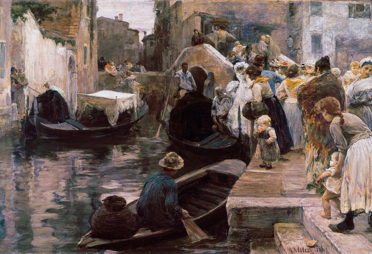 ""Häät Venetsiassa"" Vastaavioiset ajavat gondolilla. Alessandro Milesin (1856-1945) maalaus 1897 Rooma. Galleria Nazionale d