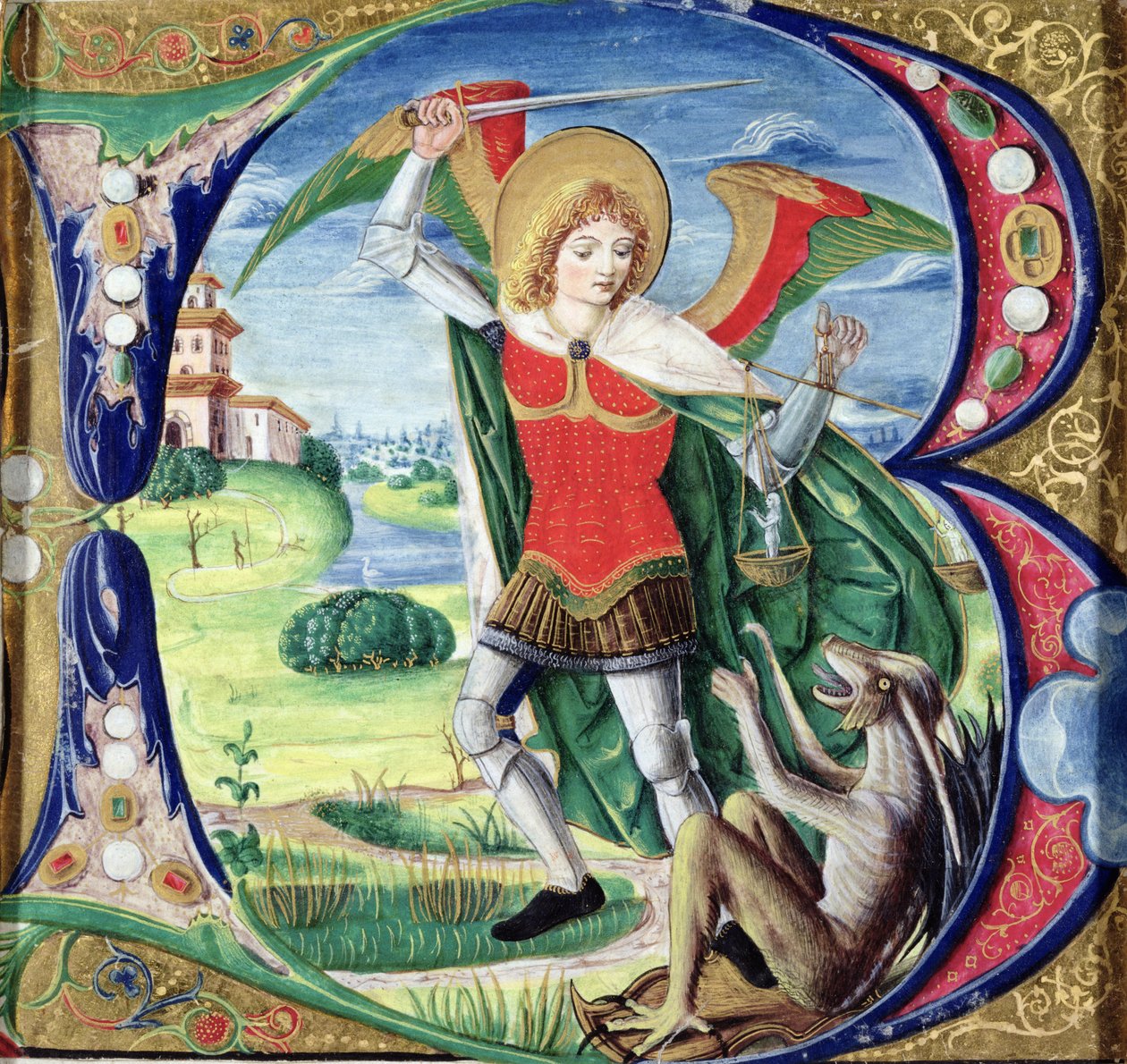 Historioitu alkukirjain "B", joka kuvaa Pyhää Mikaelaa ja lohikäärmettä, 1499-1511 tekijältä Alessandro Pampurino