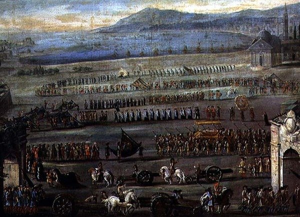 Doge F. Morosinin hautajaiskulkue (öljy kankaalle) tekijältä Alessandro Piazza