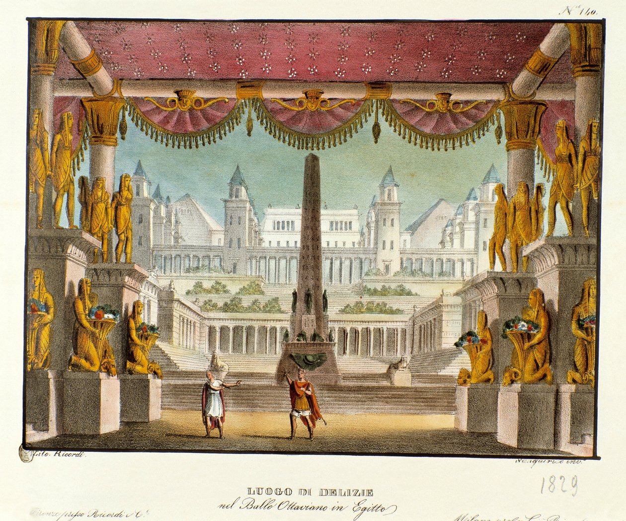 Herkullinen paikka: näkymä temppelin sisätiloista patsailla Skenografia italialaisen koreografin Giovanni Galzeranin (1780-1865) (1828) balettiin "" Octavian in Egypt "". Litografia "" Alexanderin maisemakeksintöjen kokoelmassa vuodelta 1830 tekijältä Alessandro Sanquirico