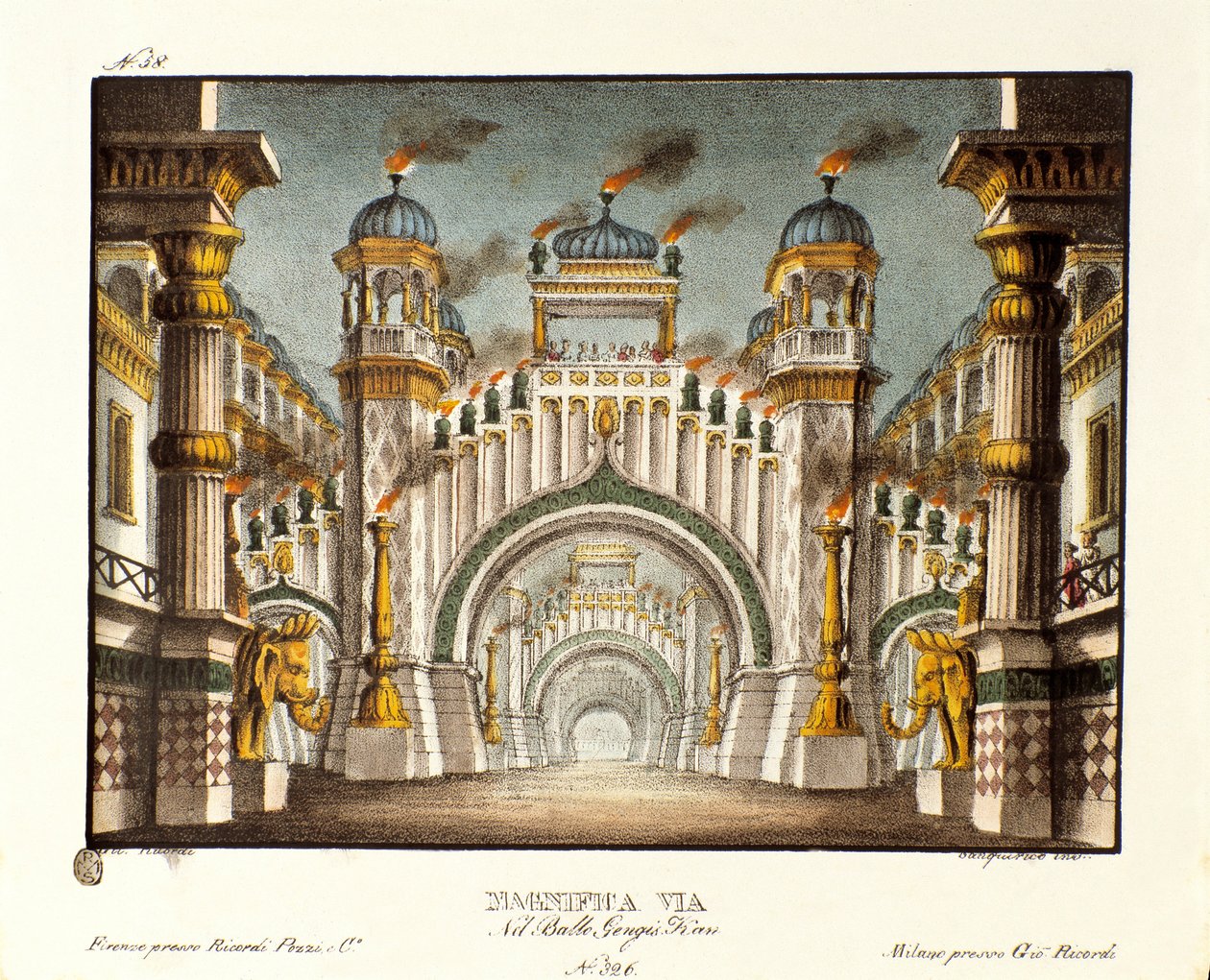 Temppeli Tšingis-kaanin aikaan Skenografia italialaisen koreografin Giovanni Galzeranin (1780-1865) (1828) baletille "" Genis-Kan ". Litografia "" Alessandro Sanquiricon (1777-1849) maisemakeksintöjen kokoelma vuodelta 1830 ". Milanolainen yksityinen tekijältä Alessandro Sanquirico