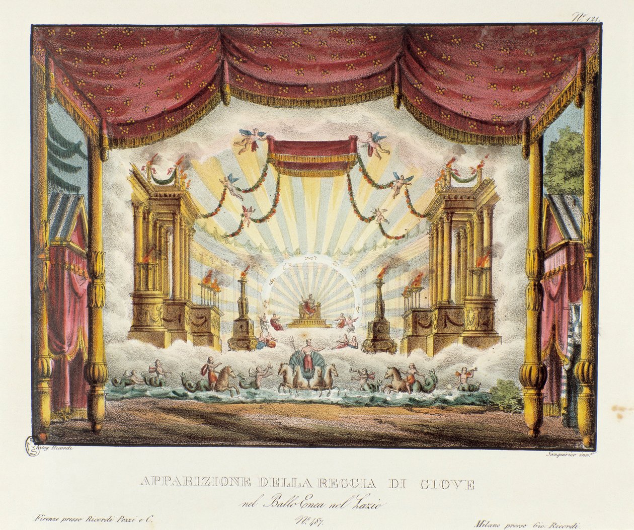 Jupiter Scenografian valtakunnan esiintyminen Giuseppe Sartin oopperadraaman "" Enea nel Lazio "" (1799) esittämiseen. Litografia "" Alessandro Sanquiricon (1777-1849) maisemakeksintöjen kokoelma vuodelta 1830 ". Milanolainen yksityinen kol tekijältä Alessandro Sanquirico