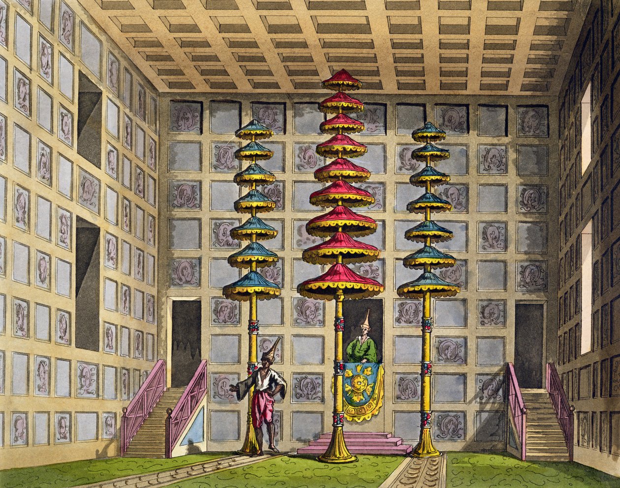 Audience Hall, Cochin Kiina, levy 88 Jules Ferrarion teoksesta "Le Costume Ancien et Moderne", kaiverrus Gaetano Zancon (1771-1816), julkaistu noin 1820-30-luvulla tekijältä Alessandro Sanquirico