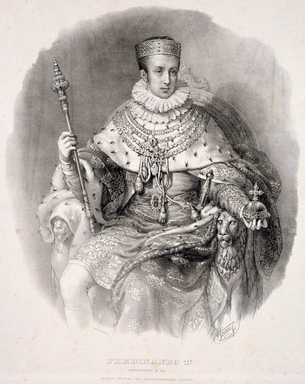 Ferdinand I (1793-1875), Lombardian-Venetian kuningas, valtion kaapuissa, teoksesta "Coronazione de SMIRA Ferdinando I, il Re del Regno Lombard-Venetia", julkaistu 1838 tekijältä Alessandro Sanquirico