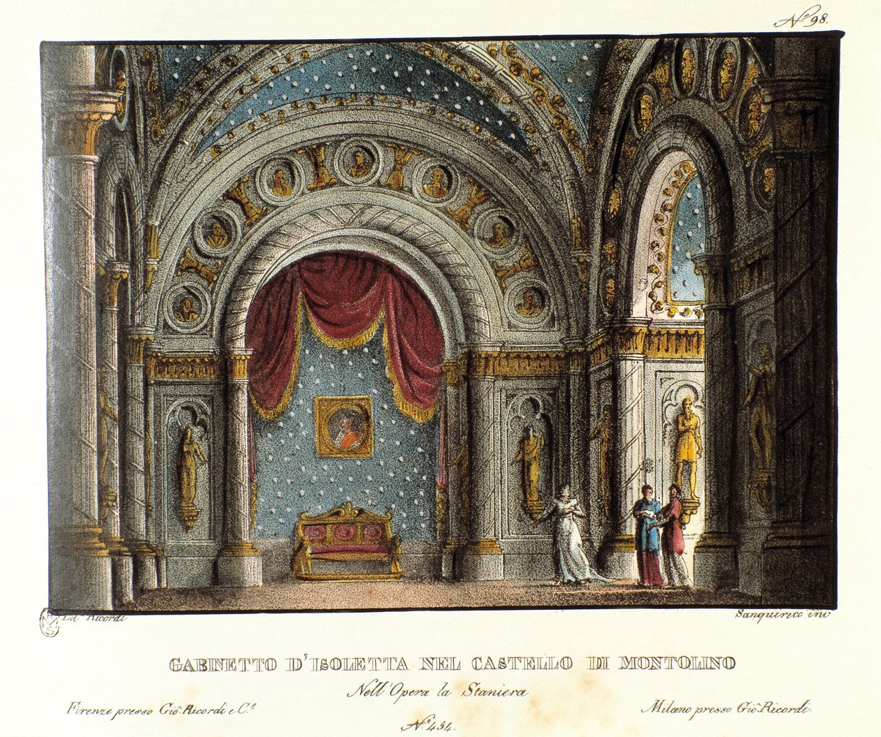 Isolettan kabinetti Bretagnen Montolinon linnassa Lavastus Vincenzo Bellinin oopperan "La straniera" (1828) esitykseen Teatro alla scalassa vuonna 1829. Litografia "" Alessandro Sanquiricon maisemakeksintöjen kokoelma vuodelta 1830 tekijältä Alessandro Sanquirico