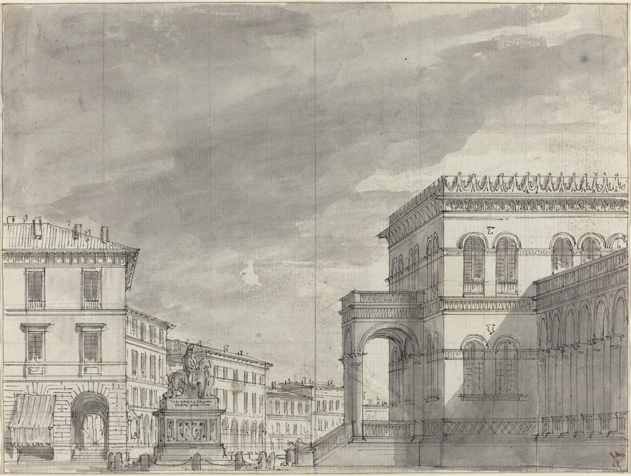 Piazza, jossa on ratsastusmonumentti ja palatsi tekijältä Alessandro Sanquirico