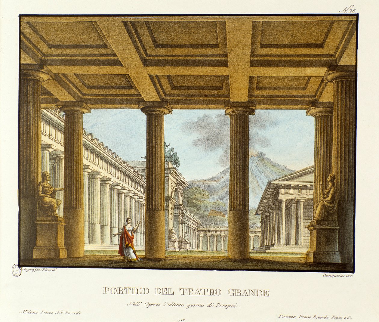 Pompejin suuren teatterin portiikko, taustalla Vesuve-skenografia Giovanni Pacinin "oopperan" L