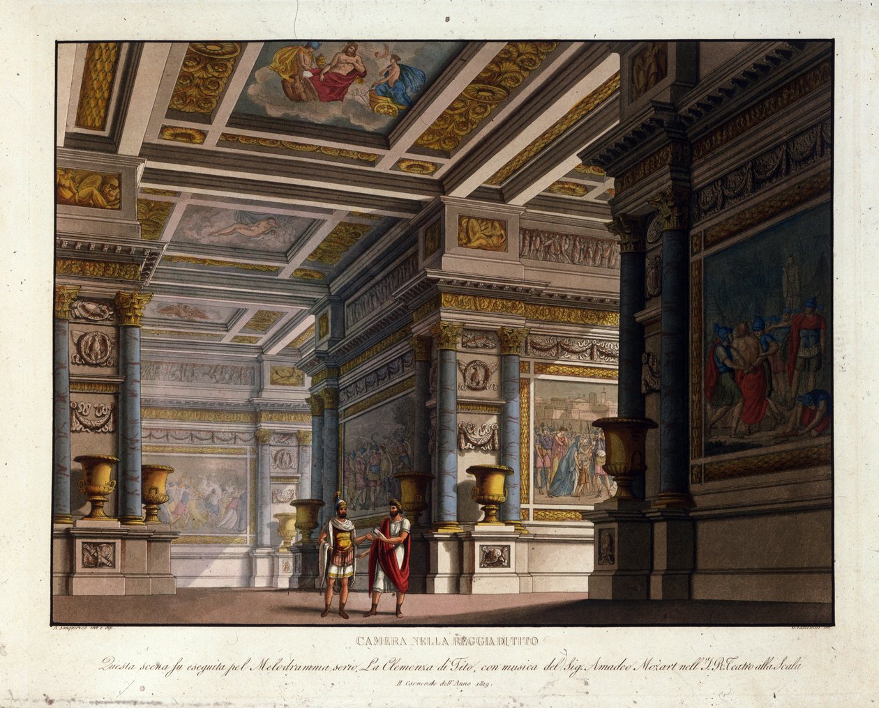 Alessandro Sanquiricon (1777-1849) lavastus Wolfgang Amadeus Mozartin (1756-1791) "La Clemence de Tito" kiipeää Milanon La Scalaan vuonna 1819 ja edustaa Titon kuninkaallisen palatsin huonetta. tekijältä Alessandro Sanquirico