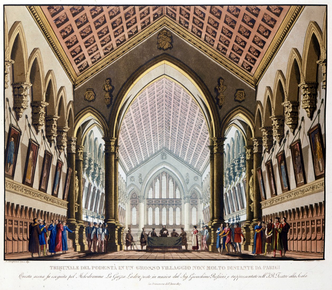 Sanquiricon lavastus Gioacchino Rossinin oopperaan "La gazza ladra", joka esitettiin Teatro alla Scalassa Milanossa vuonna 1817: Tribunal du Podestat lähellä Pariisia. tekijältä Alessandro Sanquirico