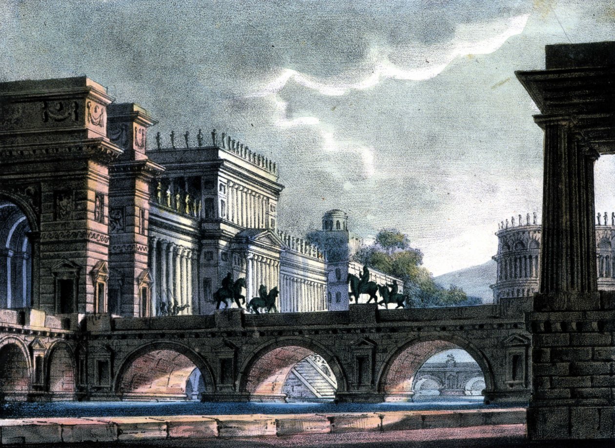 Sanquiricon lavastus Gaetano Donizettin La Scalan oopperaan "The Exile of Rome" tekijältä Alessandro Sanquirico