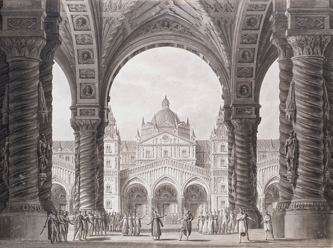 Peter Winterin Opera seria I due Valdomiri -teatterin lavastus. Teatro alla Scala, 1818. tekijältä Alessandro Sanquirico