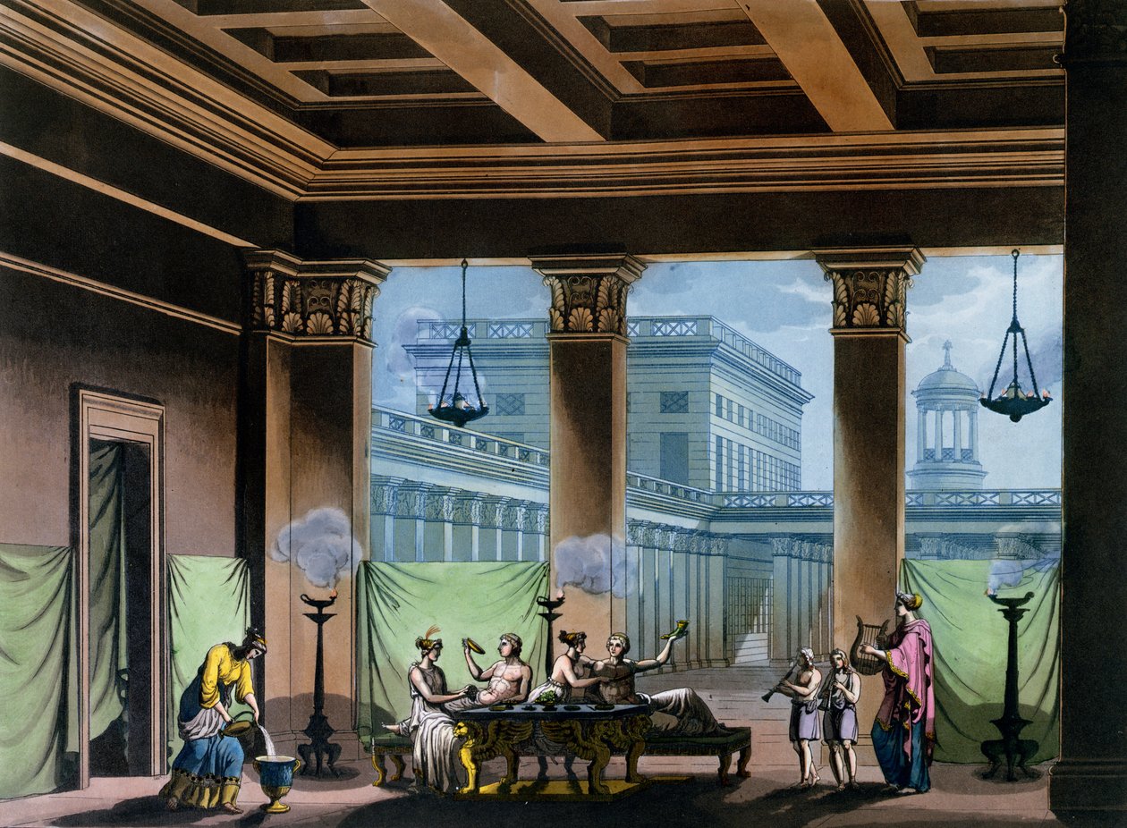 Triclinium, Jules Ferrarion teoksesta "Le Costume Ancien et Moderne", n. 1820 tekijältä Alessandro Sanquirico