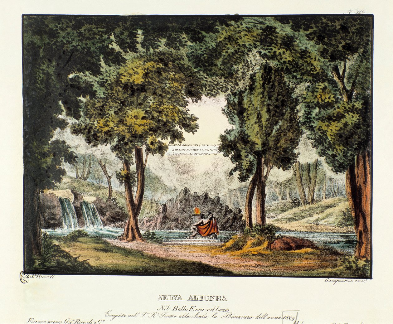 Sibyl Albunean metsä Skenografia Giuseppe Sartin oopperadraaman "" Enea nel Lazio "" (1799) esittämiseen. Litografia "" Alessandro Sanquiricon (1777-1849) maisemakeksintöjen kokoelma vuodelta 1830 ". Milanolainen yksityiskokoelma tekijältä Alessandro Sanquirico