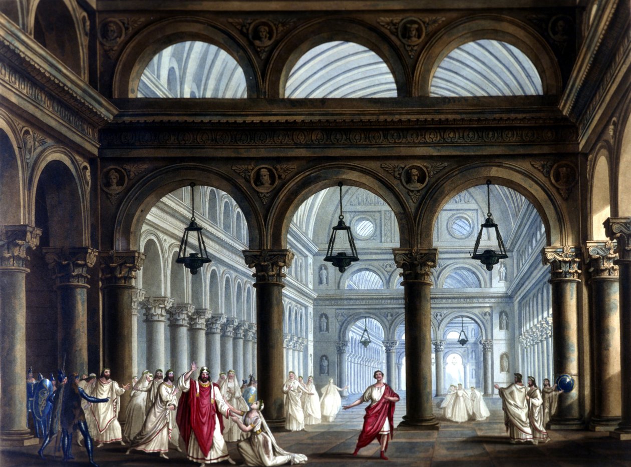 Irminsulin temppeli Vincenzo Bellinin (1801 - 1835) oopperassa "Norma": Sanquiricon lavastus esitykseen La Scala -teatterissa Milanossa vuonna 1833. tekijältä Alessandro Sanquirico