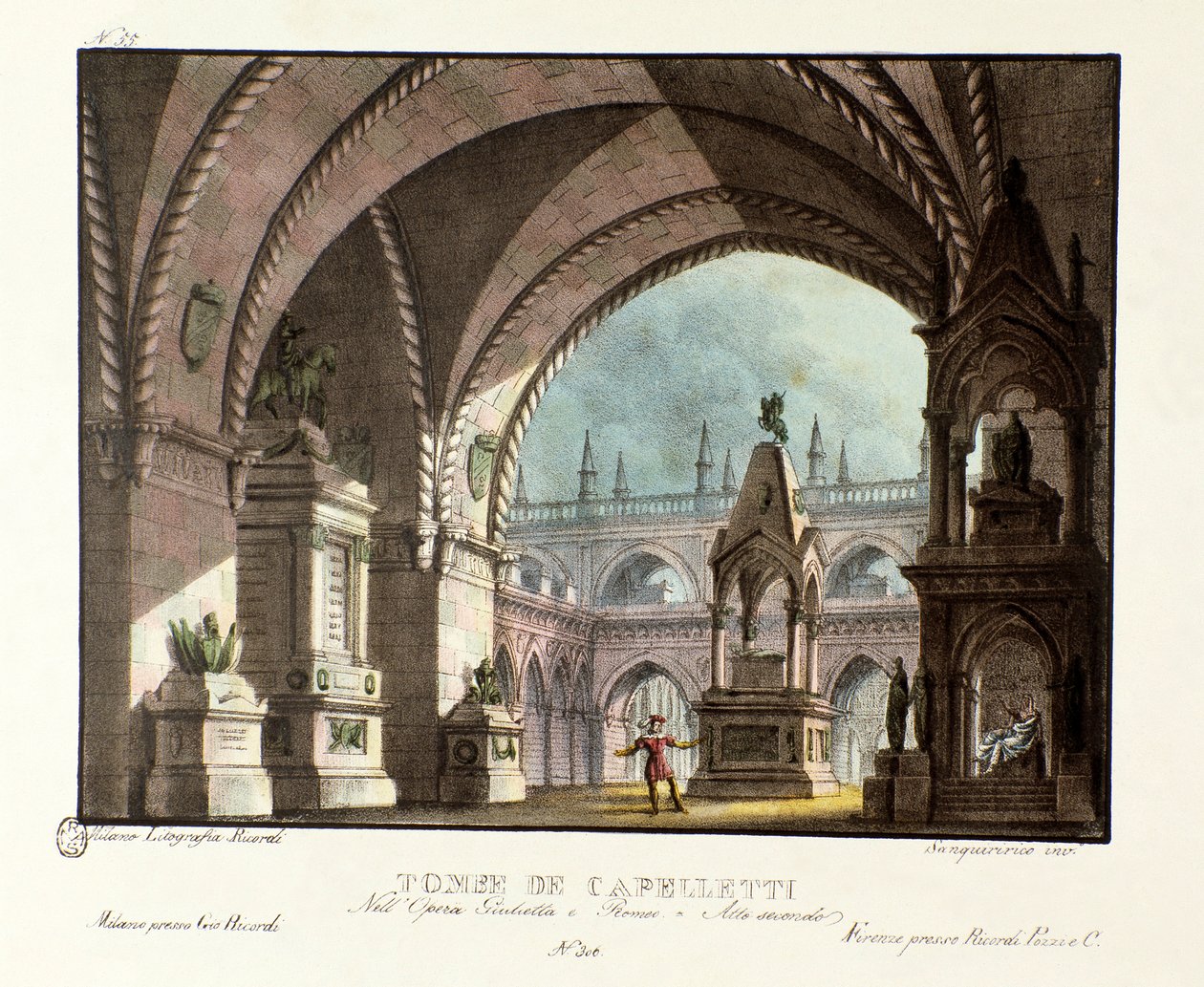 Capulet-suvun hauta (Capuleti) Lavastus näytelmään Teatro Carcanossa vuonna 1829 Niccolo Antonio Zingarellin oopperasta "Giulietta e Romeo" (1796) William Shakespearen teoksen "Romeo ja Julia" jälkeen. Litografia tekijältä Alessandro Sanquirico
