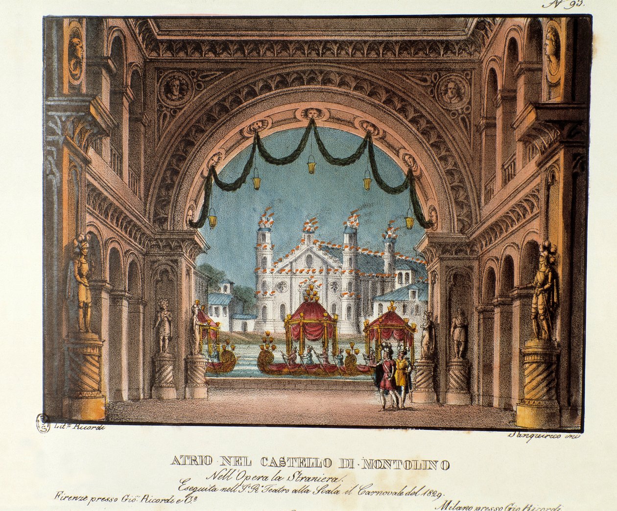 Bretagnen Montolinon linnan eteinen Lavastus Vincenzo Bellinin oopperan "La straniera" (1828) esitykseen Teatro alla scalassa vuonna 1829. Litografia "" Alessandro Sanquirin maisemakeksintöjen kokoelma vuodelta 1830 tekijältä Alessandro Sanquirico