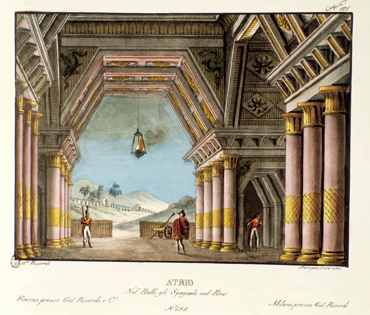 Näkymä suuresta palatsin huoneesta Skenografia italialaisen koreografin Giovanni Galzeranin (1780-1865) (1828) balettiin "Espanjalaiset Perussa". Litografia "" Alessandro Sanquiricon (1777-1849) maisemakeksintöjen kokoelma vuodelta 1830 ". Milanese pr tekijältä Alessandro Sanquirico
