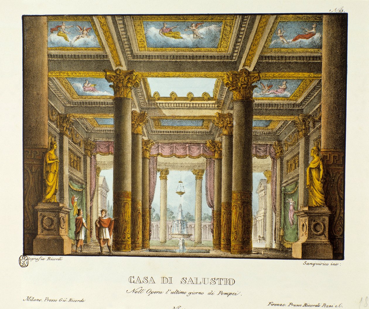 Näkymä Salustion talosta (Saluste) Skenografia Giovanni Pacinin "Pompejin viimeinen päivä" (Pompejin viimeinen päivä) esittämiseen. Litografia "" Alessandro Sanquiricon (1777-1849) maisemakeksintöjen kokoelma vuodelta 1830 ". Milano tekijältä Alessandro Sanquirico