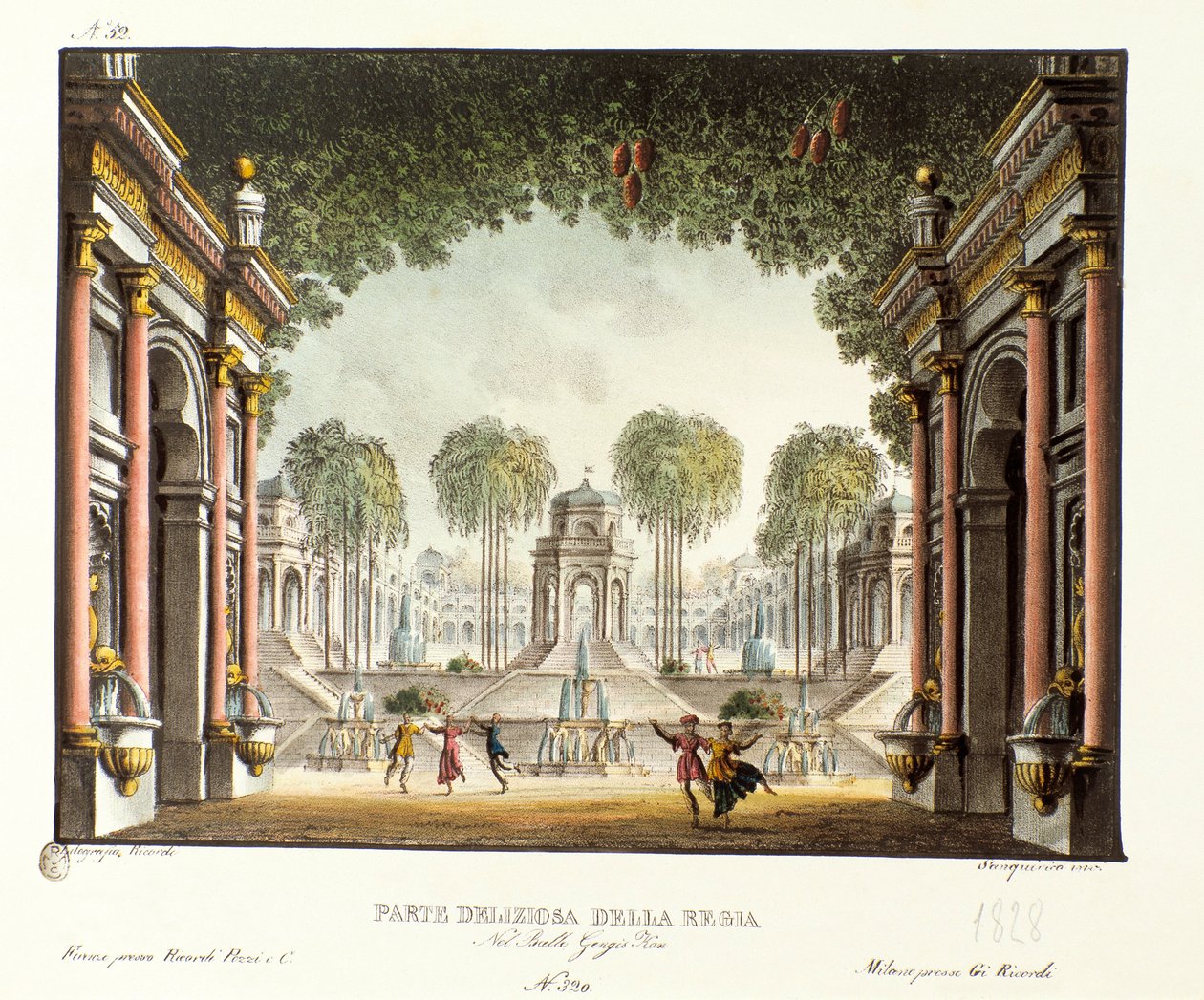 Näkymä Tšingis-kaanin palatsin kuninkaallisesta hovista Skenografia italialaisen koreografin Giovanni Galzeranin (1780-1865) (1828) baletille "" Genis-Kan "". Litografia julkaisussa "" Alessandro Sanquiricon (1777-1849) maisemakeksintöjen kokoelma vuodelta tekijältä Alessandro Sanquirico