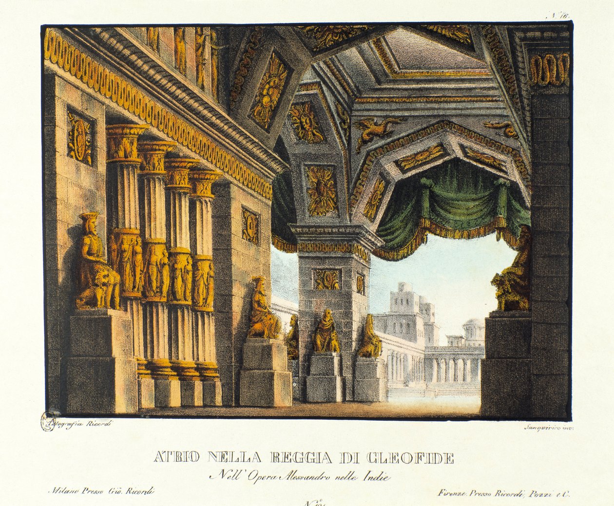 Näkymä Kleofisin (Cleofide) kuninkaallisen palatsin sisäänkäynnistä, Aleksanteri Suuren skenografian kukistaman kuningas Poroksen rakastajatar Michelangelo Boccardin sovittaman Metastasen (Metastasion) "Alessandro Nell