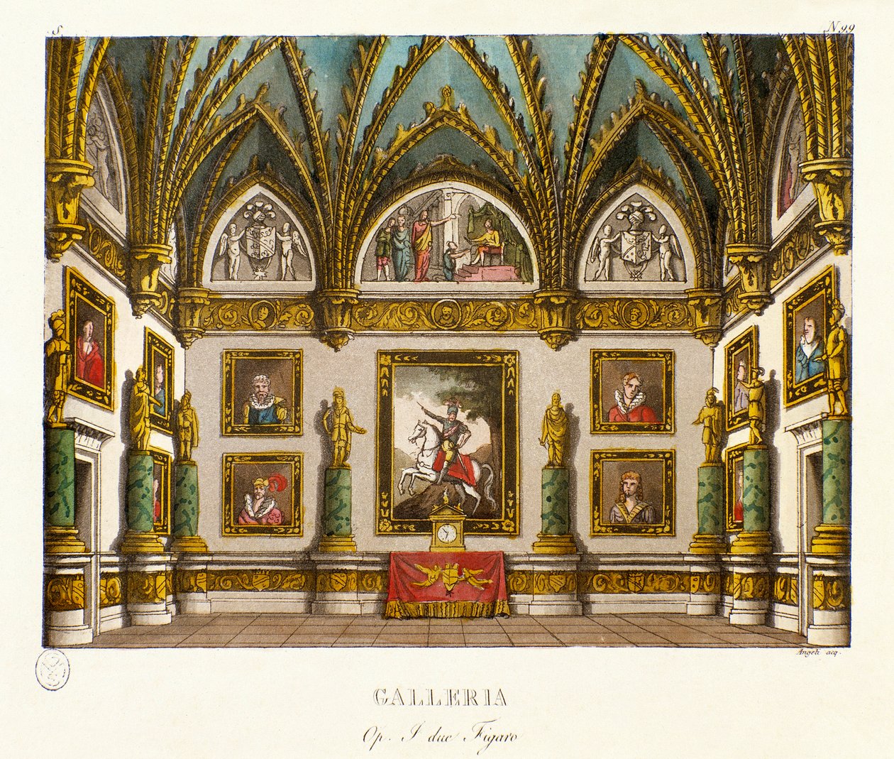 Näkymä gallerian maalausten decoree Skenografia italialaisen säveltäjän Giuseppe Saverio Raffaele Mercadanten (1795-1870) oopperaan "I due figaro"" kappaleen "" Kaksi figaroa eli komedian aihe" jälkeen (1794) ) kirjoittanut Honore Francois Richaud tekijältä Alessandro Sanquirico