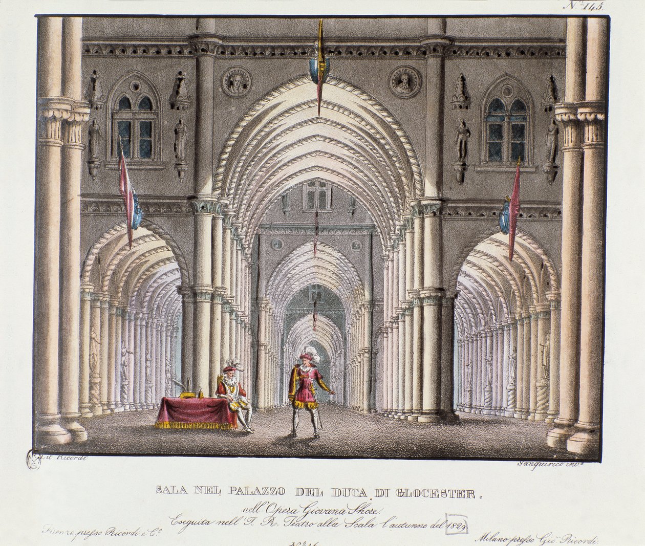 Näkymä Gloucesterin herttuan palatsin salista Skenografia Carlo Pontin (1829) oopperan "Giovanna Shore" (Jeanne Shore) esittämiseen. Litografia julkaisussa "" Alessandro Sanquiricon (1777-1849) maisemakeksintöjen kokoelma vuodelta 1830" tekijältä Alessandro Sanquirico