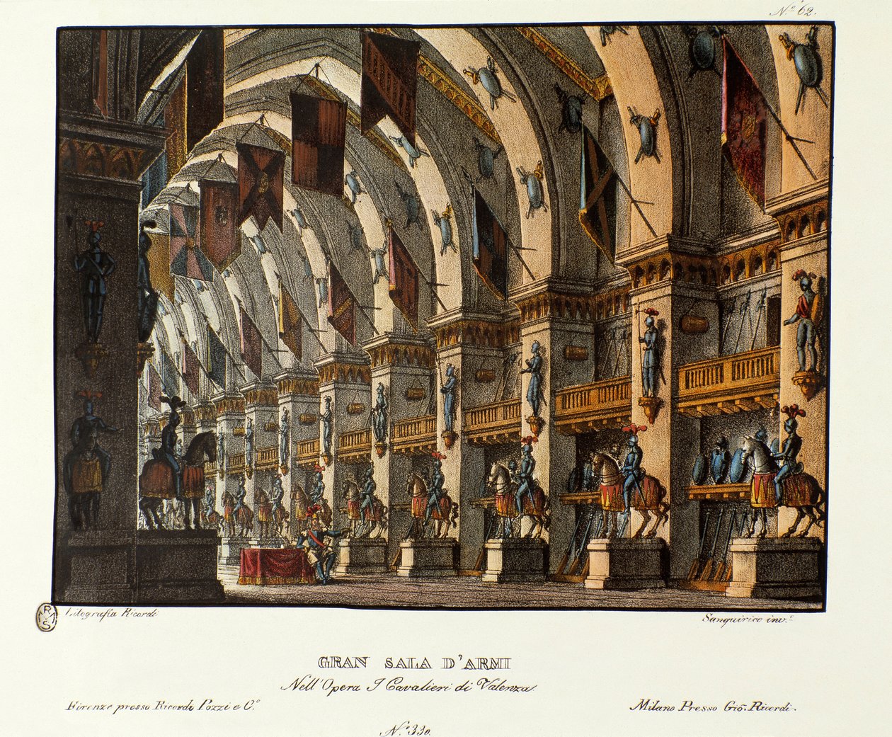 Näkymä suuresta asehuoneesta Skenografia Giovanni Pacinin ja Gaetano Rossin (1828) oopperan "I cavalieri di Valenza" esittämiseen. Litografia "" Alessandro Sanquiricon (1777-1849) maisemakeksintöjen kokoelma vuodelta 1830 ". Milano p tekijältä Alessandro Sanquirico