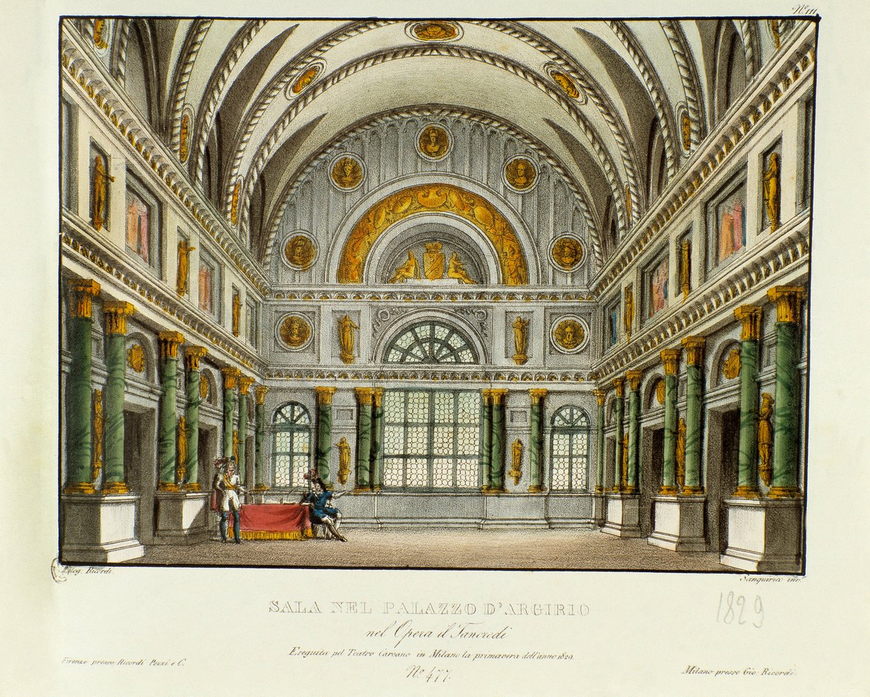 Näkymä Syrakusan kuninkaan Argirion palatsista Skenografia Milanon esitykseen vuonna 1829 Gioacchino Rossinin (tai Gioachinon) (1813) ooppera "Tancredi" (tai Tancrede) Voltairen palan "Tancrede" jälkeen. Litografia "" Keksintökokoelmassa tekijältä Alessandro Sanquirico