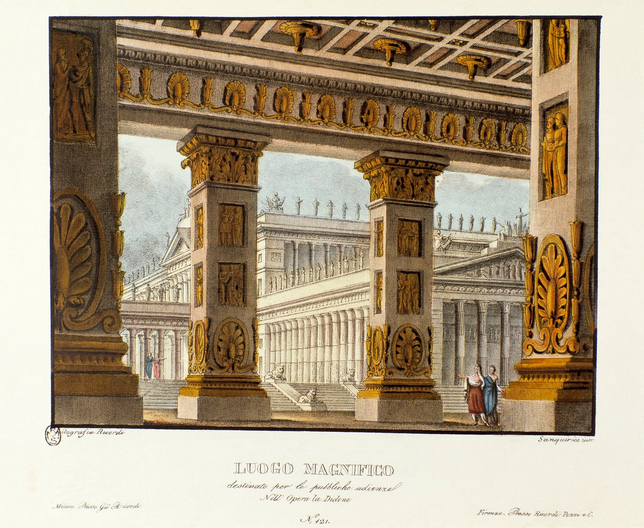 Näkymä palatsista, jossa järjestetään julkisia kuulemistilaisuuksia. Skenografia säveltäjä Niccolo Vito Piccinnin (tai Piccinin) lyyrisen tragedian "" Didone" (Didon) (1783) esittämiseen Metastasion (Metastaasi) -oopperan jälkeen. Litografia kirjassa "" Ra tekijältä Alessandro Sanquirico