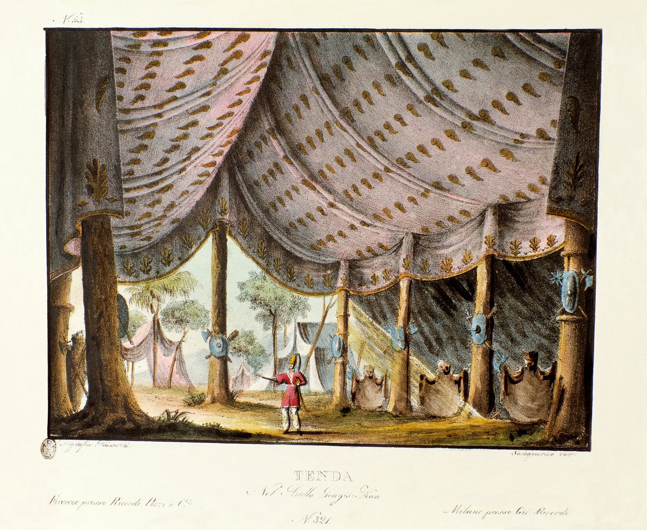 Näkymä Tšingis-khanin kuninkaalliseen telttaan Skenografia italialaisen koreografin Giovanni Galzeranin (1780-1865) (1828) baletille "" Genis-Kan ". Litografia "" Alessandro Sanquiricon (1777-1849) maisemakeksintöjen kokoelma vuodelta 1830 ". Milanon priv tekijältä Alessandro Sanquirico
