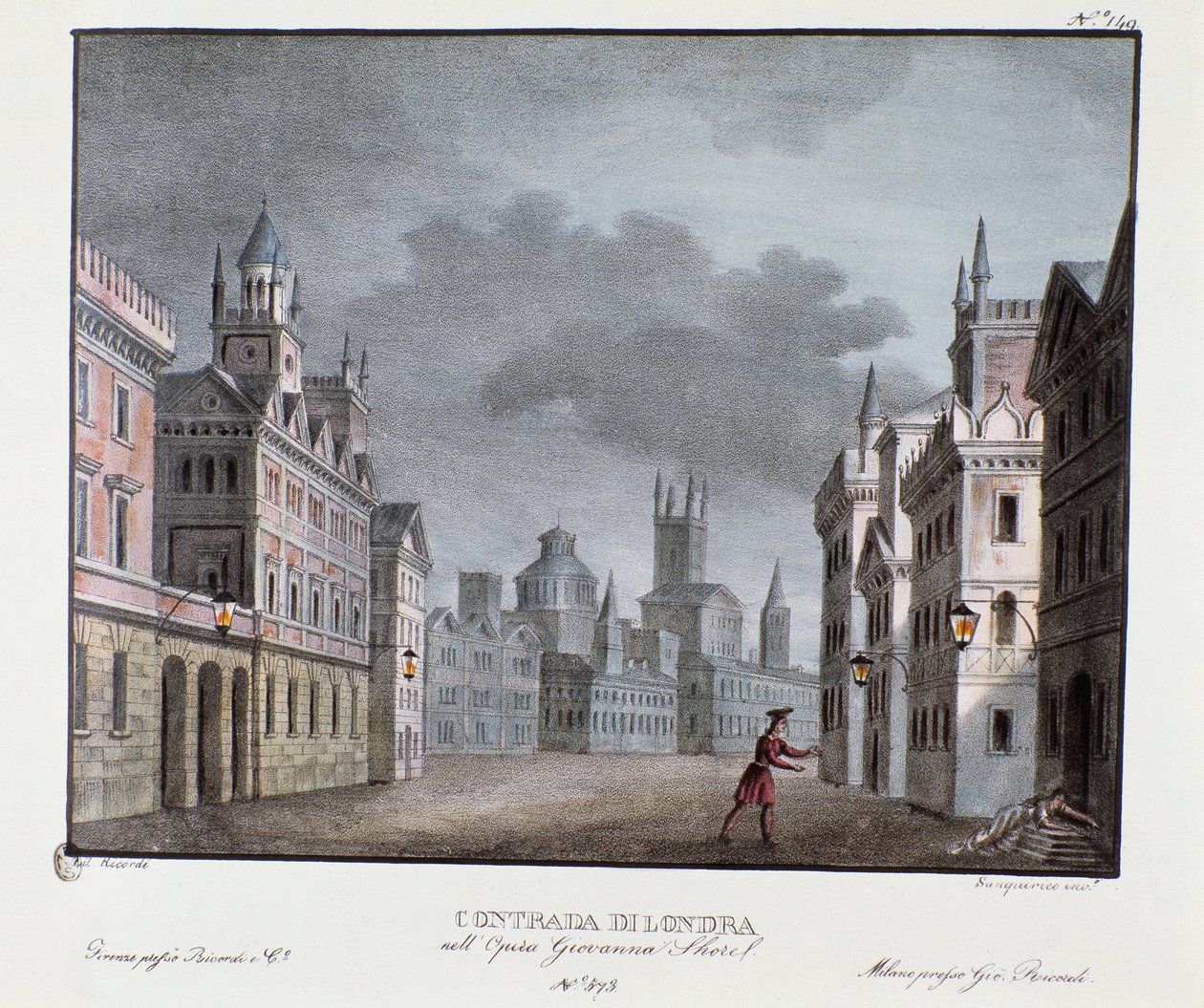 Näkymä Lontoon esikaupunkialueille Skenografia Carlo Pontin (1829) oopperan "Giovanna Shore" (Jeanne Shore) esittämiseen. Litografia "" Alessandro Sanquiricon (1777-1849) maisemakeksintöjen kokoelma vuodelta 1830 ". Milanolainen yksityinen keräily tekijältä Alessandro Sanquirico