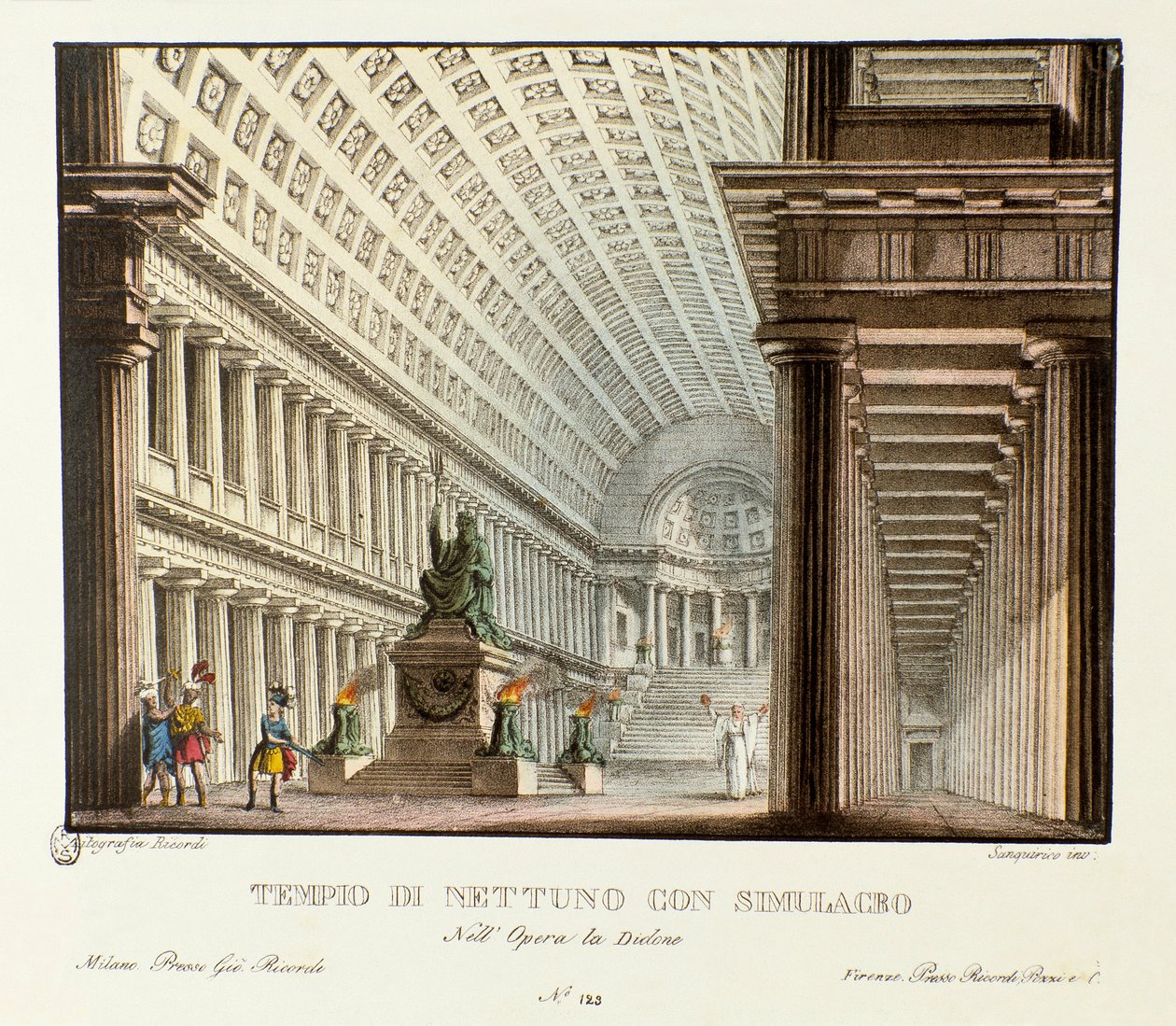 Näkymä Neptunuksen temppelistä Scenografia säveltäjä Niccolo Vito Piccinnin (tai Piccinin) lyyrisen tragedian "" Didone "" (Didon) (1783) esittämiseksi Metastasion (Metastase) oopperan jälkeen. Litografia in "" Maisemakeksintöjen kokoelma d tekijältä Alessandro Sanquirico