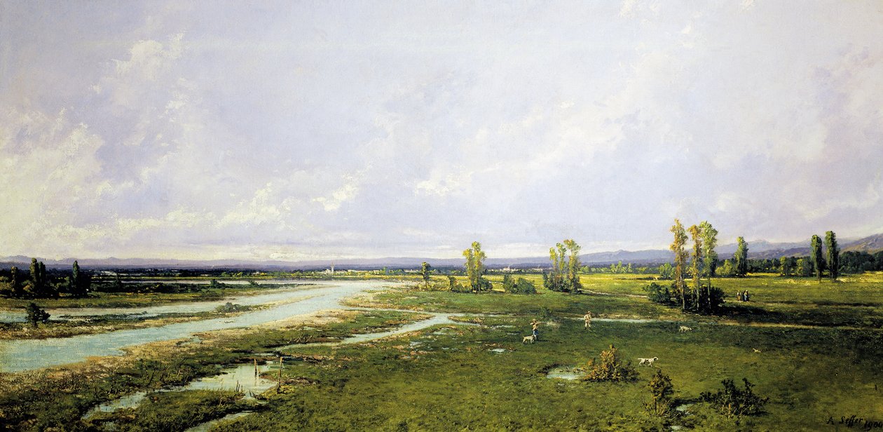 Metsästystä Piaven joen uomassa Bellunossa, Alessandro Sefferin (1832-1905) maalaus, öljy kankaalle tekijältä Alessandro Seffer Guerra