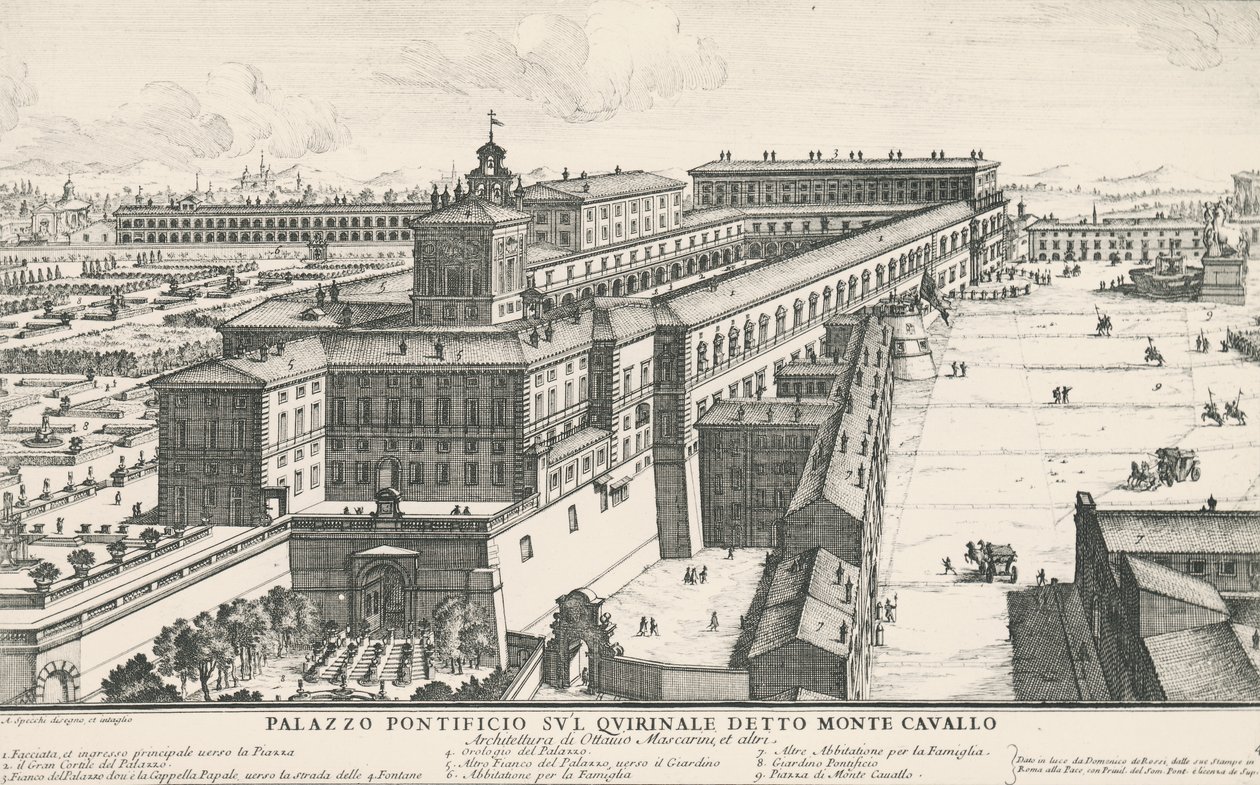 Paavin palatsi Quirinale-kukkulalla, joka tunnetaan myös nimellä Monte Cavallo, piirustus ja kaiverrus Alessandro Specchi (1668-1729), Italia tekijältä Alessandro Specchi
