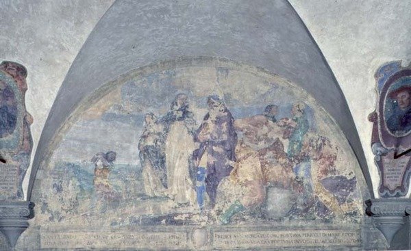 St. Antoninus saarnaa kauppiaalle, jonka hän pelasti kamalalta myrskyltä, lunette (fresko) tekijältä Alessandro Tiarini