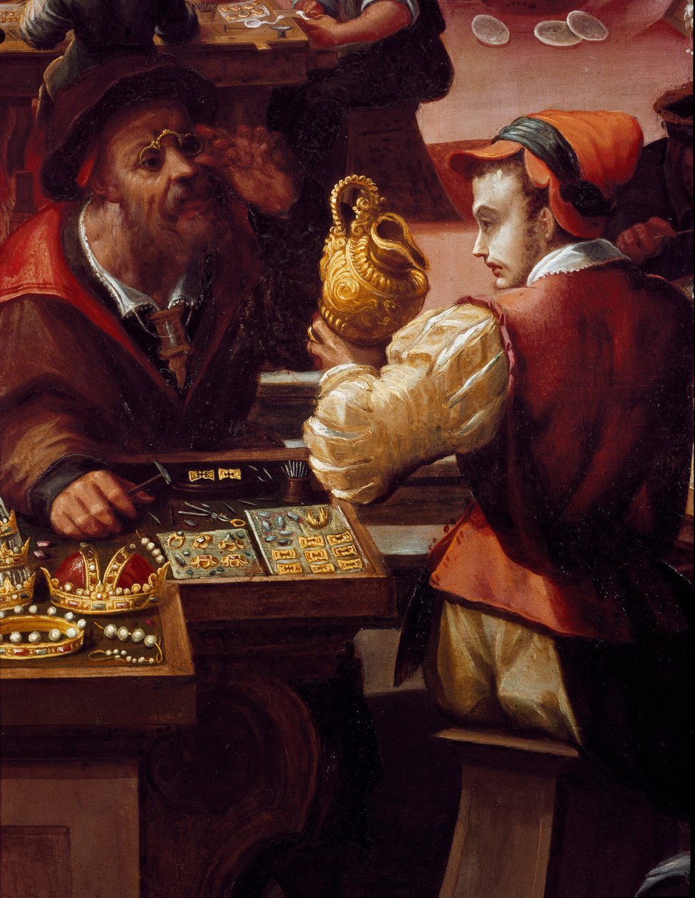 Kultasepän työpaja Yksityiskohta esineiden, korujen kaupasta. (Maalaus tekijältä Alessandro di Vincenzio Fei