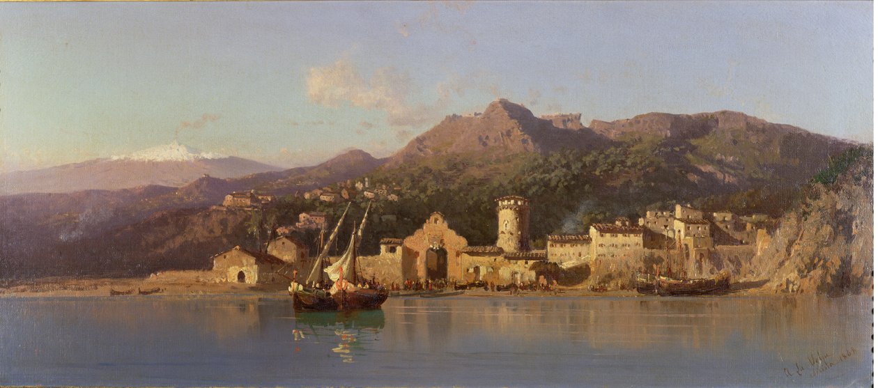 Näkymä Taorminasta Sisiliassa, taustalla Etna-vuori, 1868. tekijältä Alessandro la Volpe