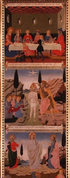 Viimeisen ehtoollisen, Kristuksen kasteen ja taivaaseenastumisen kohtaukset, paneeli kaksi Santissima Annunziatan hopeavarastosta, n. 1450-1453 (tempera paneelissa) tekijältä Alessio Baldovinetti