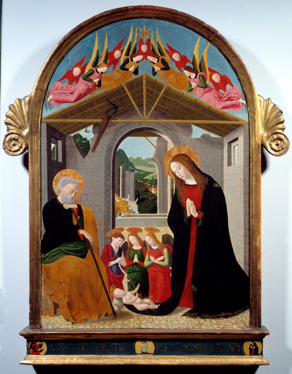 Syntymä. Esiguo Maestron maalaus (1400-luku). Öljy kankaalle. Mitat: 0,88 x 0,57 m. Rouen, Kuvataidemuseo tekijältä Alesso di  Benozzo