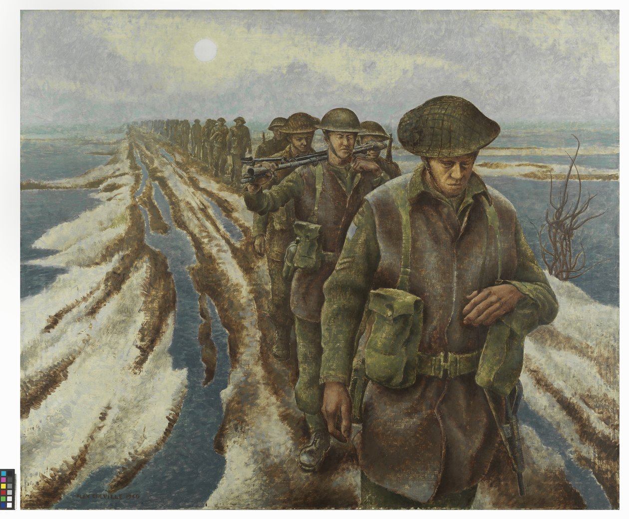 Jalkaväki lähellä Nijmegeniä, noin 1940 (öljy kankaalle). tekijältä Alex Colville
