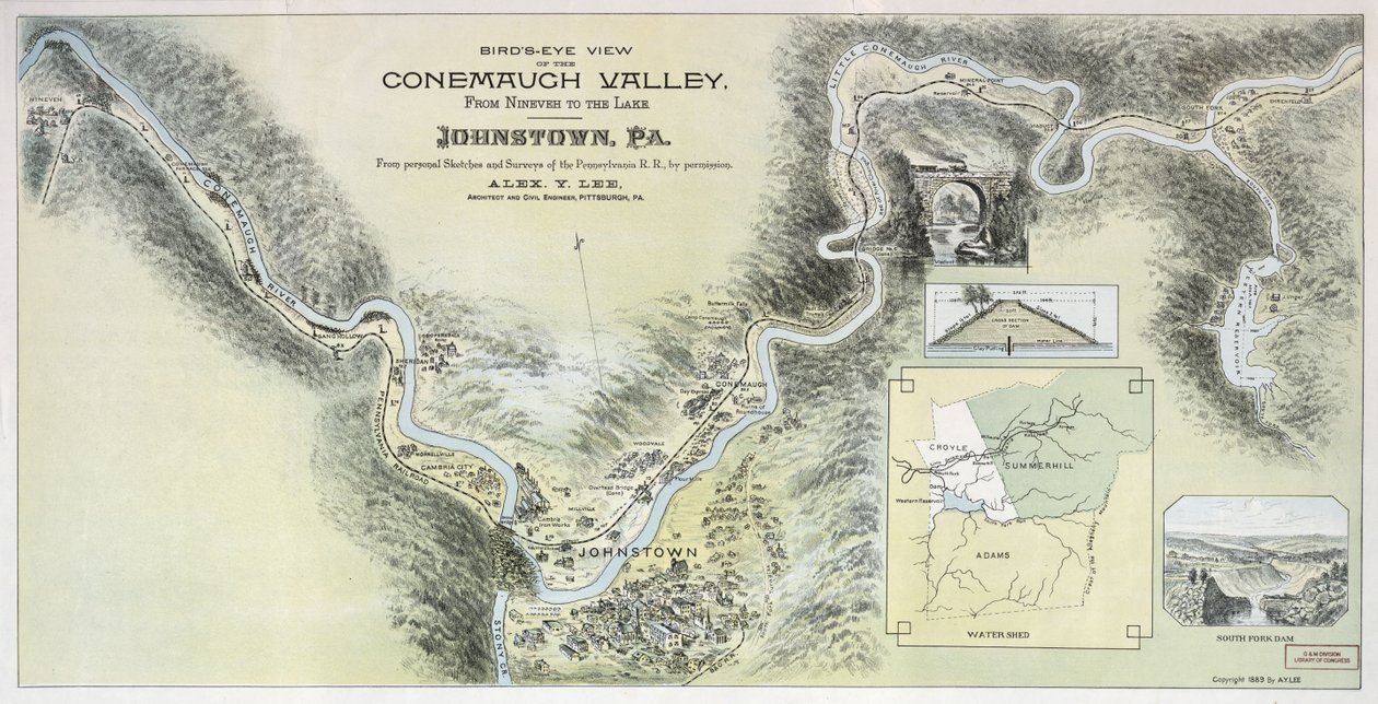 Lintuperspektiivinäkymä Conemaugh Valleystä Ninivestä järvelle, Johnstown, Pa.: henkilökohtaisista luonnoksista ja tutkimuksista Pennsylvania R.R.:sta luvalla tekijältä Alex. Y.; Pennsylvania Railroad Lee