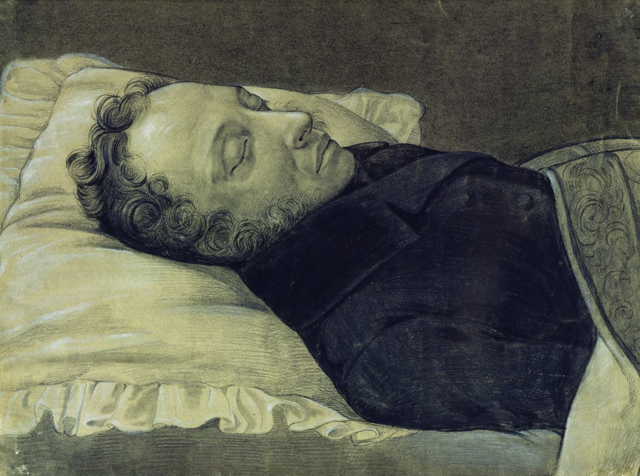 Muotokuva Aleksanteri Pushkinista kuolinvuoteella, 1837 (kynä, guassi ja muste paperille) tekijältä Alexander Alexeyevich Koslov